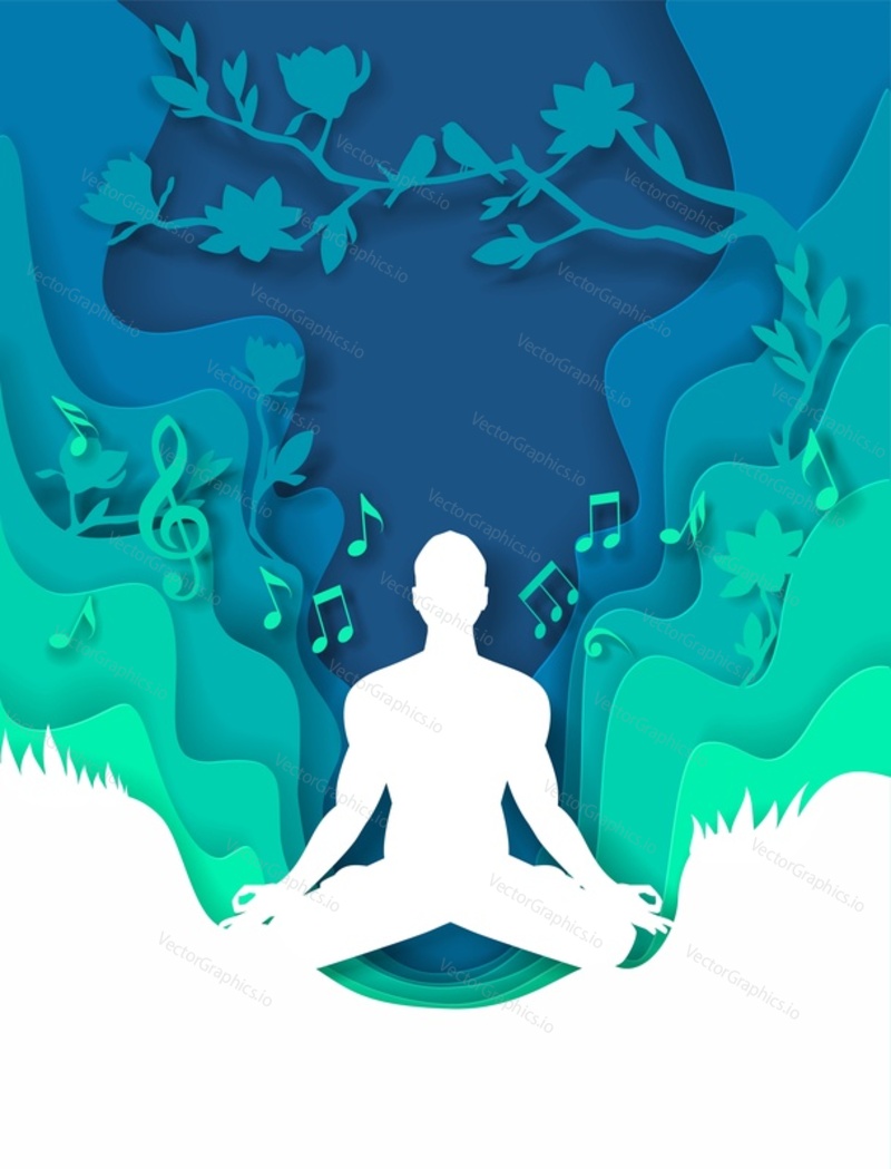 Character relax in zen vector. Male yogi exercise for peaceful of mind and balance, spiritual tranquil training. Meditation, brain calm and stress relieve poster