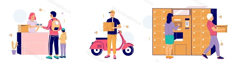 Parcel delivery and courier postal service vector isolated illustration set. Post mail and cargo package box shipment illustration. Online order deliver. Distribution and logistics concept
