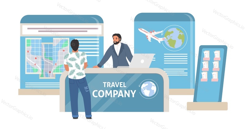 Travel agency receptionist and visitor flat vector. Seller at counter desk and client choosing or booking tour illustration