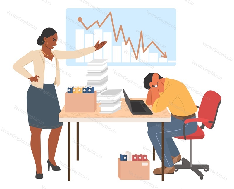 Angry boss scold office work manager vector. Worker bullying, aggression, abuse at business workplace. Scared employee at table and shouting yelling woman chief illustration. Deadline and project failure