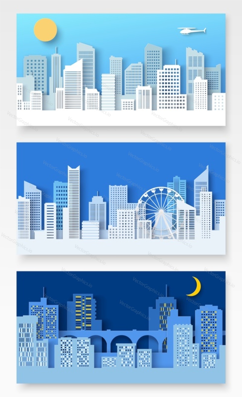 Banner city landscape paper cut vector illustration. Urban street and building construction silhouette background. Downtown architecture panorama set. Graphic skyscraper. Abstract cityscape