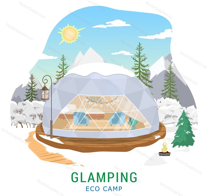 Вектор глэмп-палатки. Иллюстрация роскошного эко-лагеря. Поездка в горы, отдых в кемпинге на природе. Пикник на открытом воздухе и приключение в отпуске. Романтический туризм