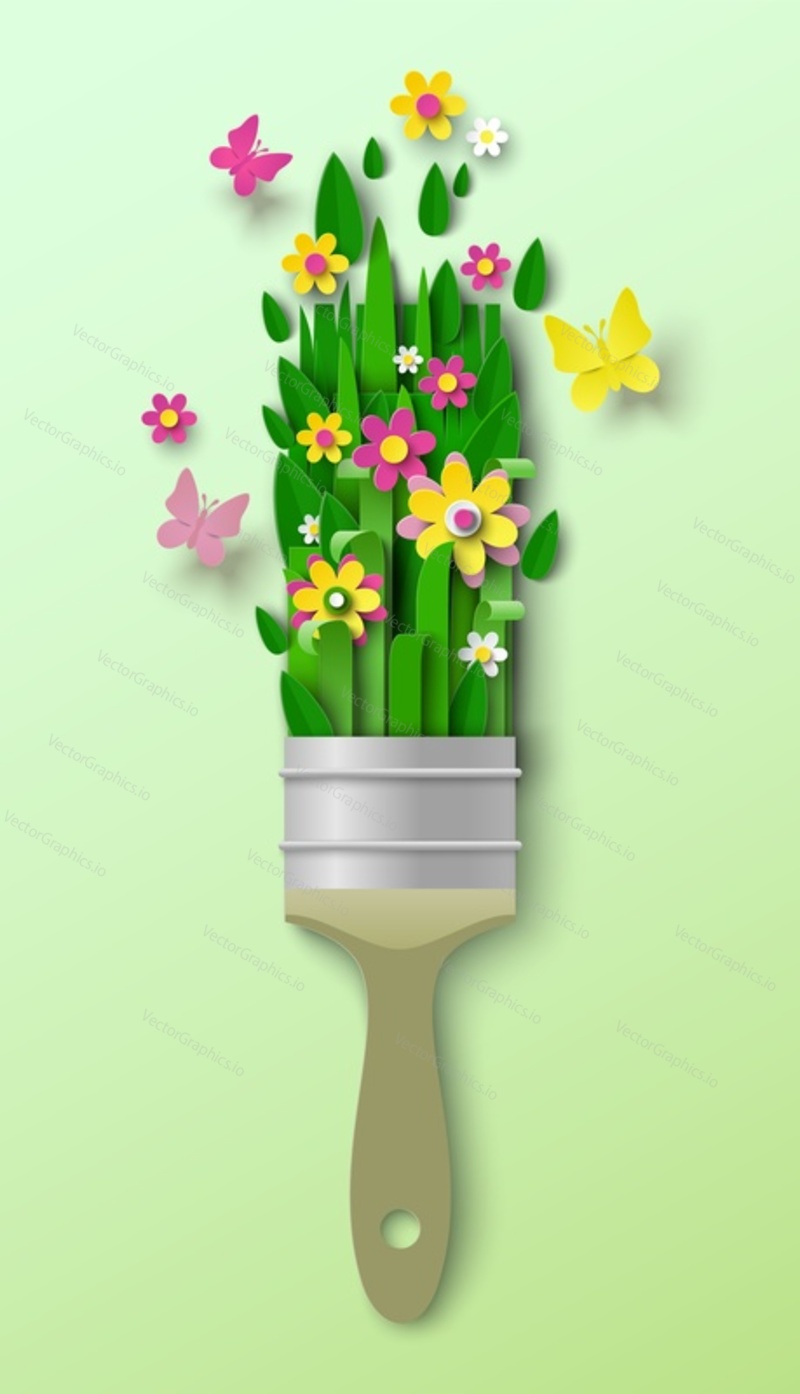Нарисуйте кистью эко-дизайн для лета или весны. Векторная иллюстрация зеленой травы, цветка и бабочки в стиле вырезанного из бумаги искусства и ремесла. Творческое произведение искусства