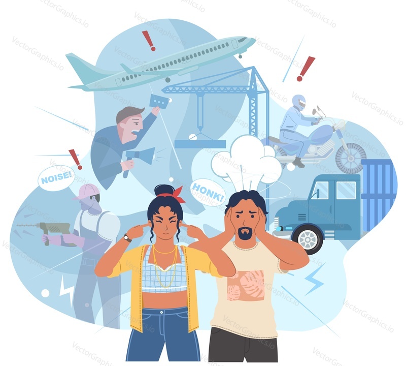 Плакат о шумовом загрязнении окружающей среды. Векторная иллюстрация людей, страдающих от громкого шумного городского звука. Мужчина и женщина закрывают уши, чтобы не слышать шума в ушах