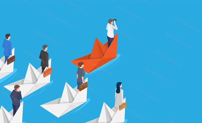 Leader and team in origami paper boat vector. Businessman boss chief looking through binocular searching way to success leading employee group. Business and leadership concept