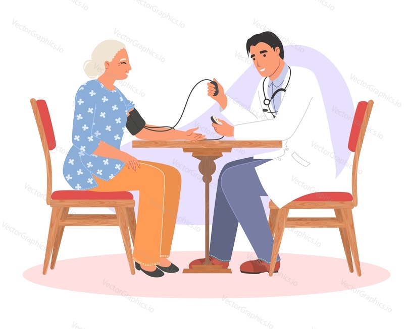 Doctor measuring old patient blood pressure vector illustration. Medical care for old senior people, medicine for elderly concept