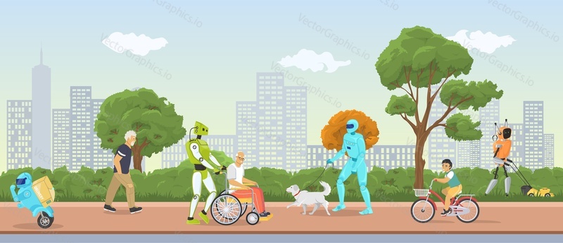 Robot assistance vector. Robotic machine walking with elderly illustration. Aged people character nursing with futuristic technology. Personal AI caregiver. Artificial intelligence help in life