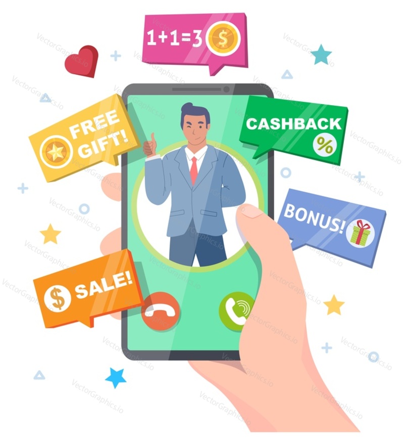 Promotion spam call vector. Telephone advertising marketing illustration. Salesman operator calling client customer offering sale discount, gift, cashback and bonus