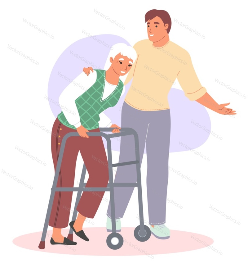 Сиделка помогает пожилой женщине-пациентке с плоским вектором. Иллюстрация помощи медсестры пожилому человеку на прогулке. Социальное волонтерство и профессиональная поддержка пожилых людей с ограниченными возможностями