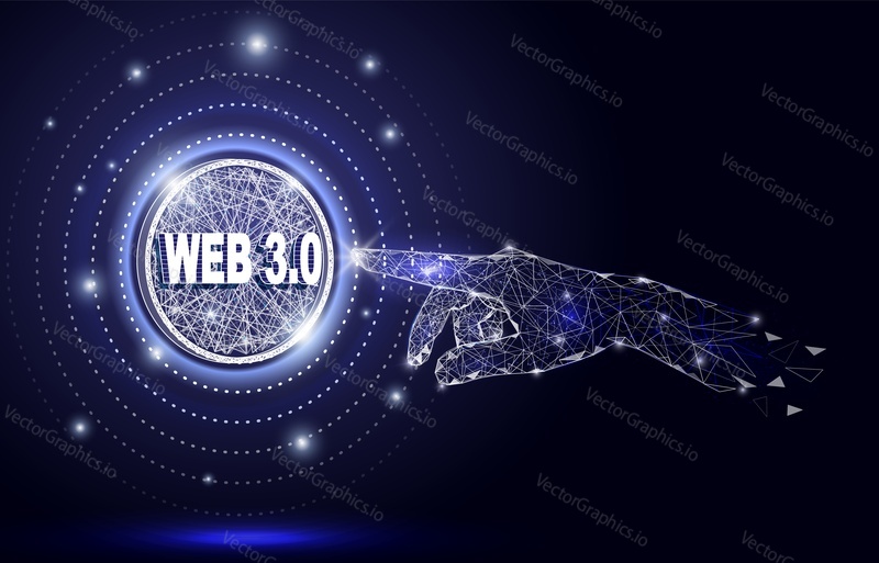 Цифровая человеческая рука, тянущаяся к кнопке Web 3.0 на абстрактном векторном фоне. Интернет вещей, футуристические технологии, веб-программирование, блокчейн и мир токенов nft