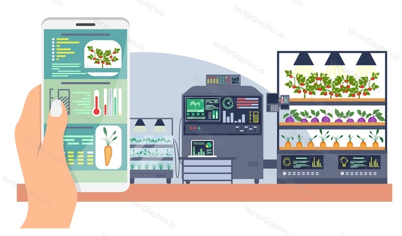Smart farm with control from mobile phone vector. Hand holding smartphone using smart control farming system mobile application illustration