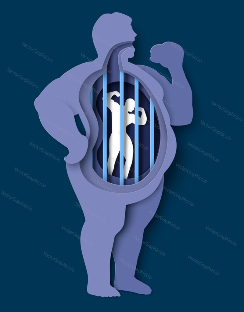 Fat body vector. Weight loss illustration. Man from obese to slim. Paper cut male person silhouette with bodybuilder behind cage design. Obesity and overweight problem