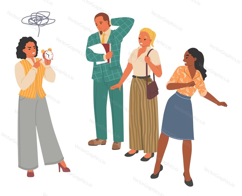 Angry female boss and business team conflict vector. Aggressive woman shouting on employee unhappy manager group about deadline failure illustration. Stress, misunderstanding at work office