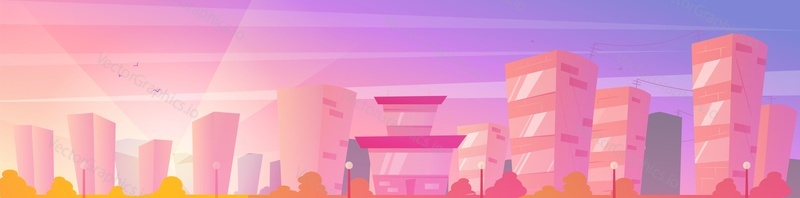 Векторный фон города на закате. Баннер здания с городским пейзажем. Плоский пейзаж с вечерним или ранним утренним небом и сценой городского дома. Иллюстрация небоскреба