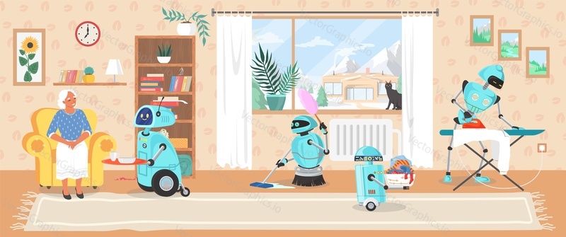 Robot assistant work at home vector illustration. Automated helper cleaning room, ironing, bringing dinner, carrying laundry. Smart ai machine housewife for old people