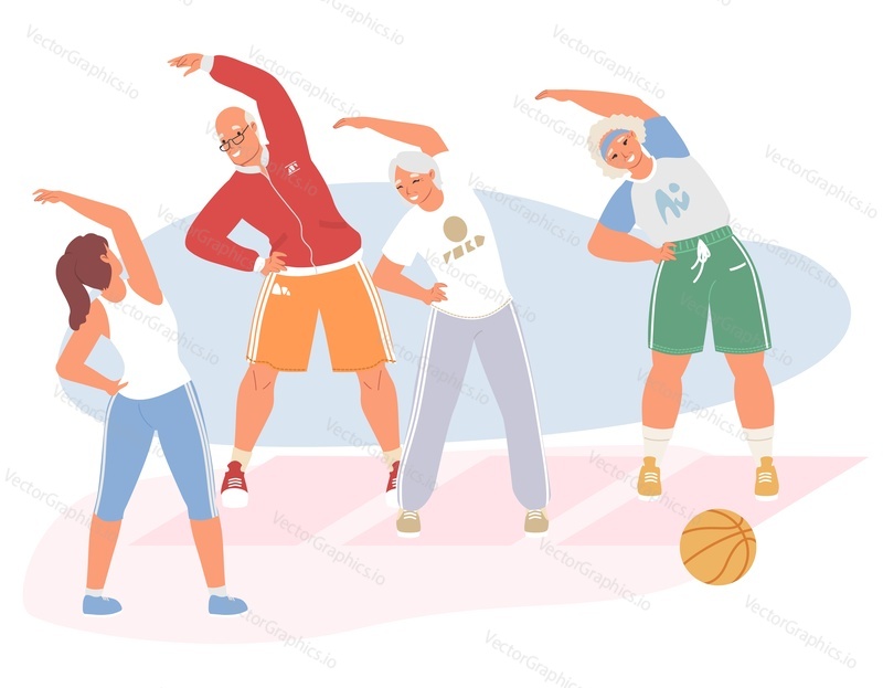 Old people doing exercise with trainer vector. Healthy active older grandmother and grandfather enjoy gymnastic training workout illustration