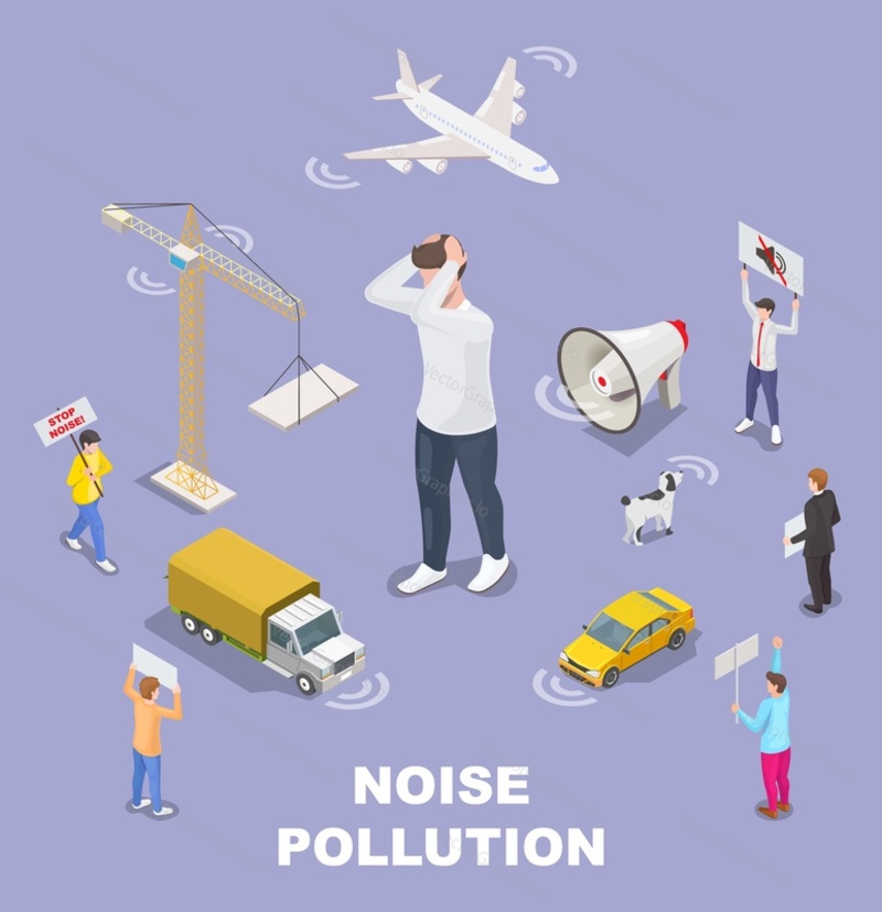 Noise pollution vector. Harmful loud noisy sound from car, plane, construction site, dog bad influence illustration. People protesting and requiring salience. Isometric 3d design