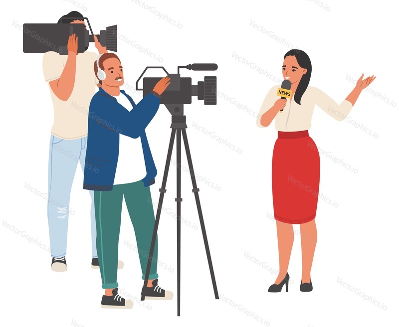 Journalist, tv reporter and cameraman crew broadcast news vector illustration. Life reportage shooting concept