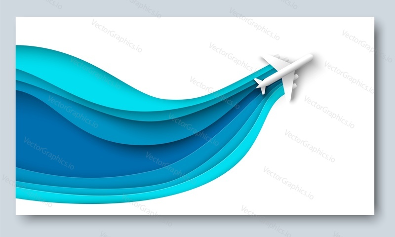 Paper cut airplane in sky vector travel banner. 3d illustration of plane flying. Air tourism creative origami poster. Adventure and journey, travelling by aviation transport. Flight ticket design template