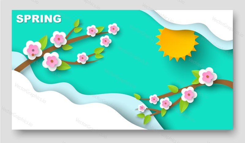 Spring paper cut banner 3d vector. Floral background. Origami flower blossom on branch and sunny sky design. Craft poster, festive card, abstract greeting pattern. Season ornament template