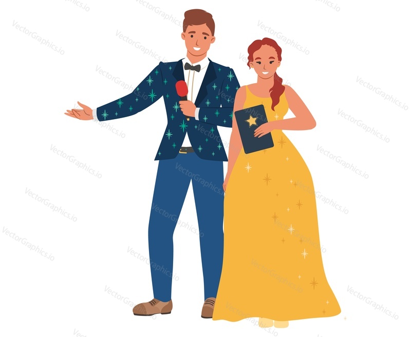 Вектор хостов событий. Иллюстрация ведущего церемонии вручения кинопремии. Мужчина и женщина в костюме и праздничном платье стоят изолированно на белом фоне
