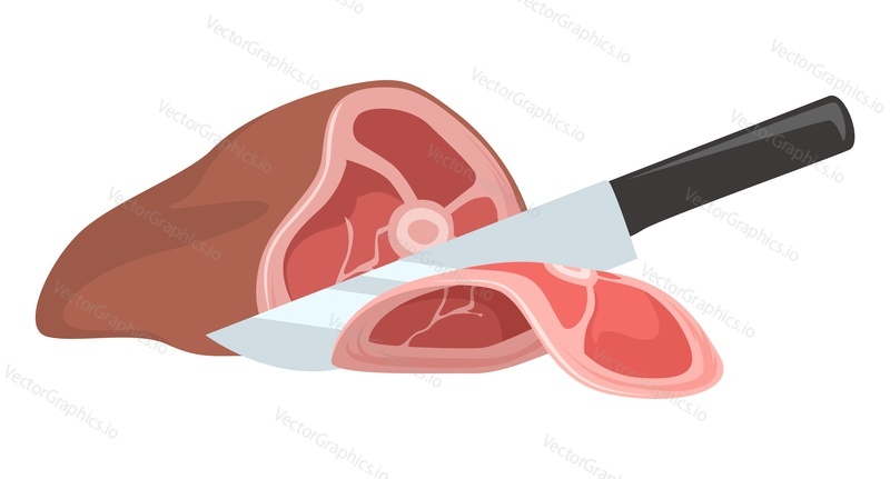 Измельчение мяса векторным ножом мясника, изолированным на белом фоне. Нарезка стейка из свинины, баранины или говядины с беконом для приготовления обеда на ужин. Концепция приготовления барбекю
