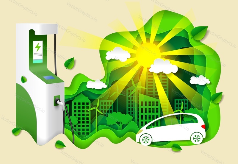 Electric car charger station vector. Green energy and hybrid technology, eco fuel and environment conservation concept. Urban scene, ev automobile and electricity battery 3d paper cut illustration
