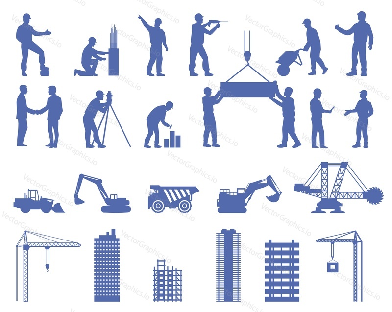 Builder worker silhouette isolated vector flat set. Engineer, repairman and carpenter work at construction site. Crane tower, building house apartment and heavy machinery