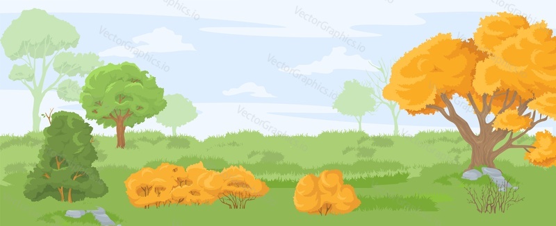 Мультяшное садовое поле на плоском векторном фоне природы. Луг с зеленой травой и желтыми деревьями осенняя сцена. Живописная панорама долины. Концепция садоводства и экологии