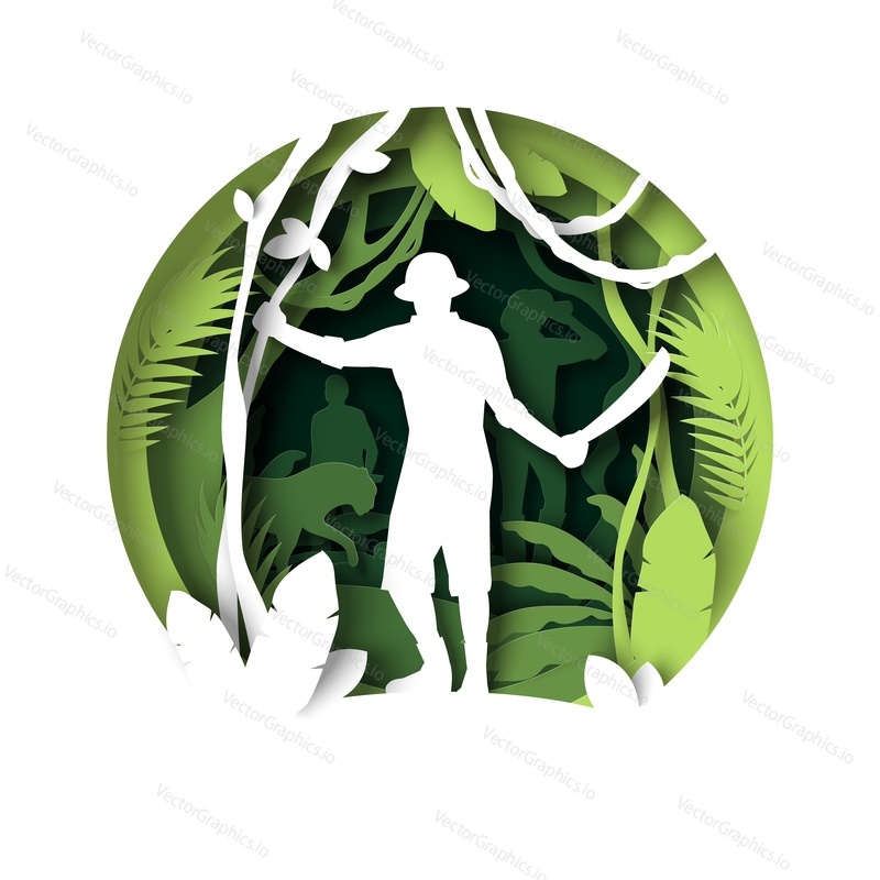 Man traveler in jungle paper cut 3d vector illustration. Explorer cutting large green leaves of rainforest tree looking for safe rout. discovery, exploration, hiking, adventure tourism and travel