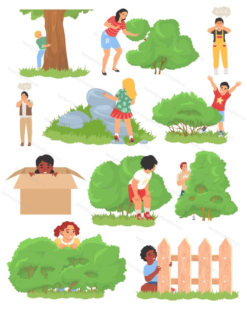 Kids playing hide and seek vector set. Children spying, observing, hiding and sneaking behind shrubs, bushes, trees, stones and fence, in cardboard box illustration isolated on white background
