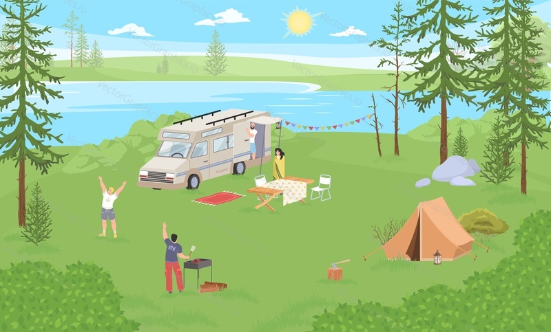 Friends at campsite vector. People outdoors picnic at campsite on nature. Man and woman trailer camper rest on river bank in forest. Traveling in weekend activity illustration