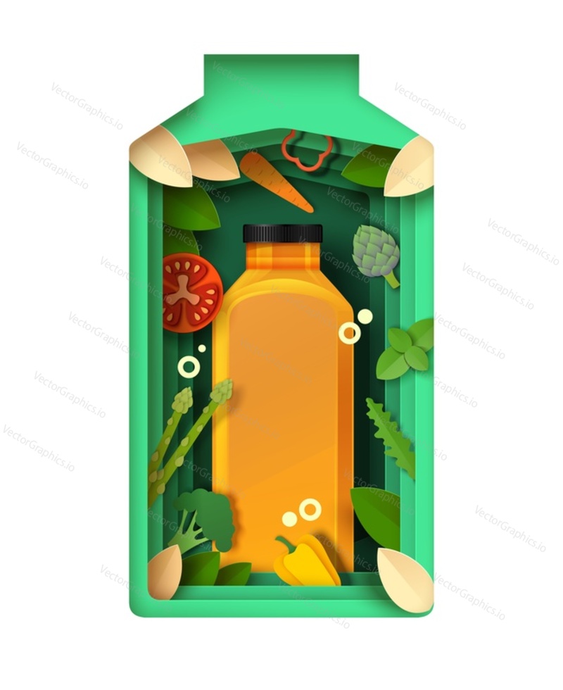 3d-вектор овощного сока. Здоровая пища и напитки. Детокс-смузи, свежий диетический напиток. Бутылка с рисунком в виде овощной вырезки из бумаги. Рекламный шаблон