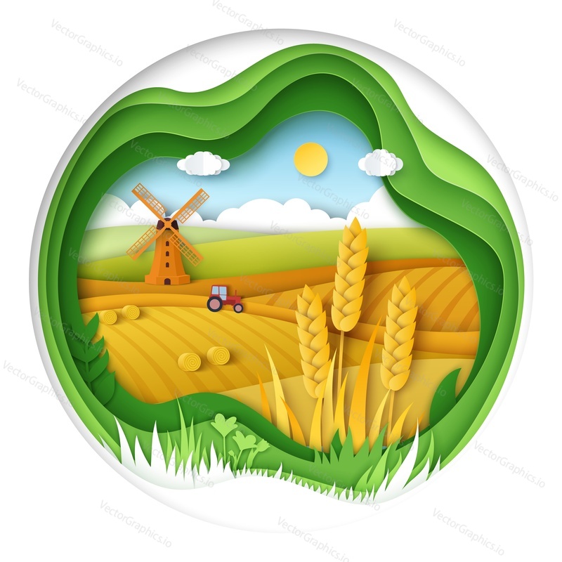 Векторный логотип фермы. Ранчо с органическим полем. Сельский пейзаж с трактором, мельницей и холмами ячменя или пшеницы. Фермерский дом в сельской местности. Стиль вырезания из бумаги