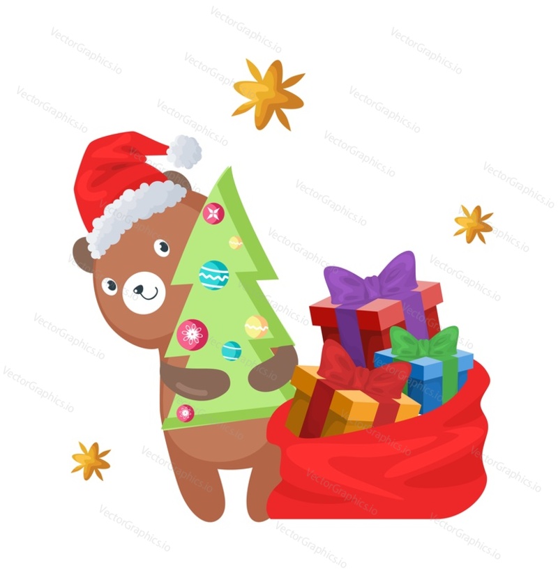 Векторная иллюстрация мультфильма с милым рождественским медведем. Дизайн поздравительной открытки с зимними праздниками для рождественского и новогоднего поздравления или приглашения. Маленькое существо с елкой и подарком, полным мешка