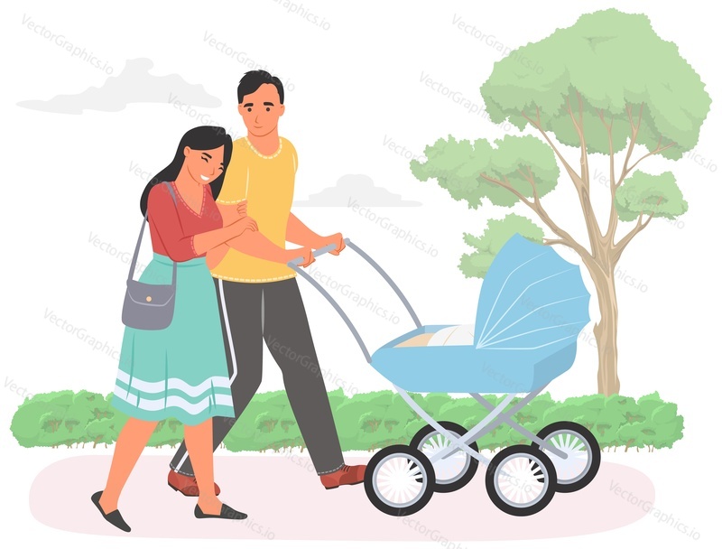 Happy parent walking baby in stroller vector illustration. Young father and mother character with newborn in park. Babysitting and parenthood, family and bonding