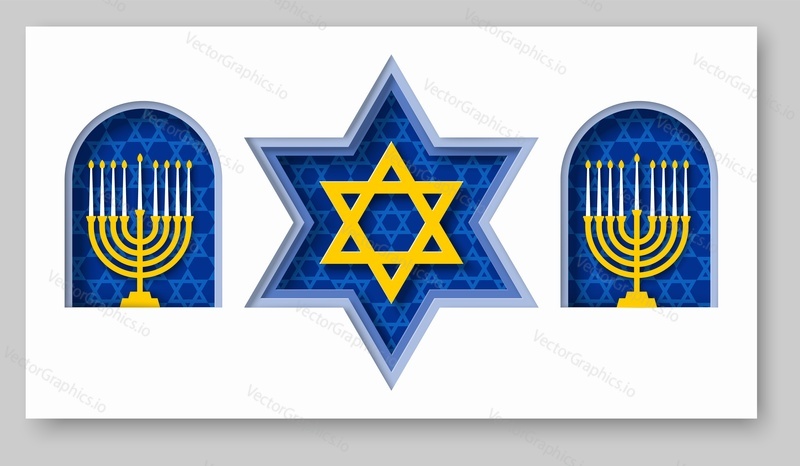 Vector judaism religion symbol background. Gold David star hexagram and menorah 3d paper cut style illustration. Happy hanuka celebration, religious tradition and faith