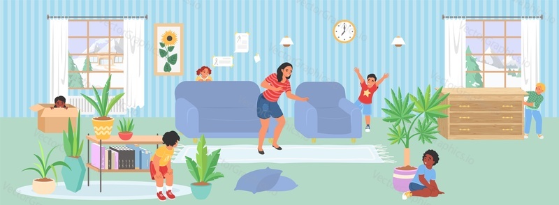 Children playing hide and seek with babysitter at home vector. Woman educator looking for hidden kids in private kindergarten living room illustration. Active fun time and childhood