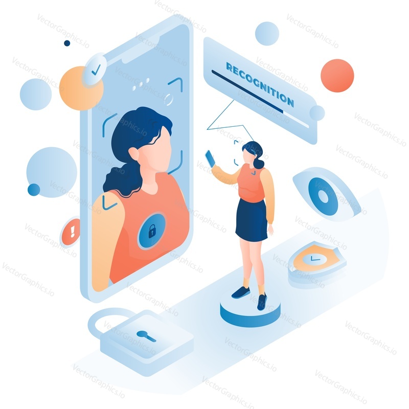 Face recognition vector illustration. Mobile phone app for facial human identification. Smartphone scan woman head. Authentication UI for smartphone