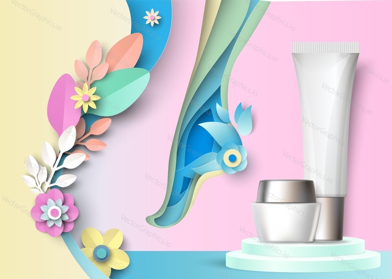 Cosmetics for feet care vector. Cream for skincare during pedicure, massage, spa and daily care. Female beauty salon or shop with aroma footcare product. Advertising concept