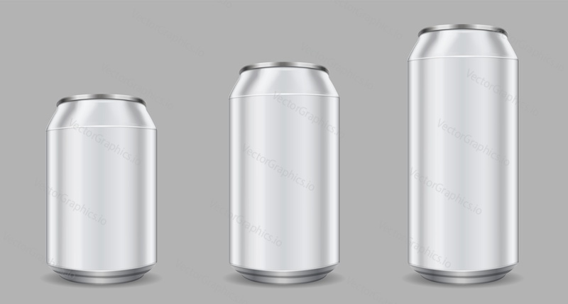 Aluminum can mockup isolated vector set. Blank beer or soda drink metal tin bottle. Silver container template for cola beverage. Package for brand design