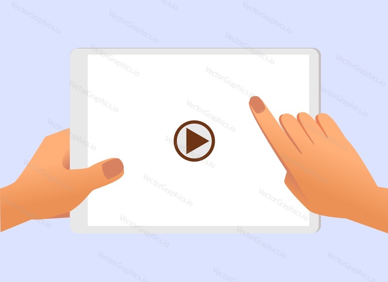 Руки держат векторную иллюстрацию цифрового планшета. Человек, использующий мультимедийное приложение для просмотра видеоурока или вебинара онлайн. Мобильное устройство для общения, отдыха и учебы