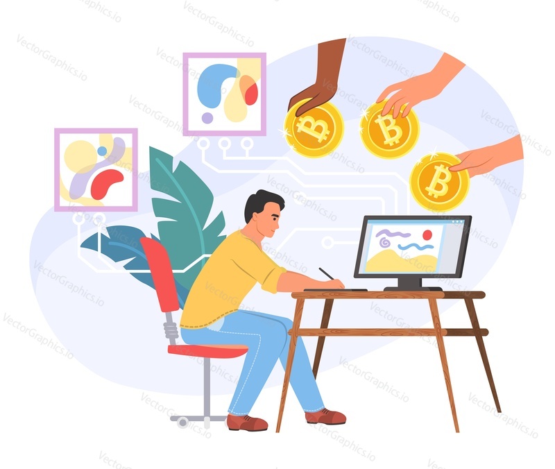 Nft artist illustration. Crypto art vector. Creating assets for marketplace. Hand giving money token bitcoin. Digital auction, metaverse and online business concept
