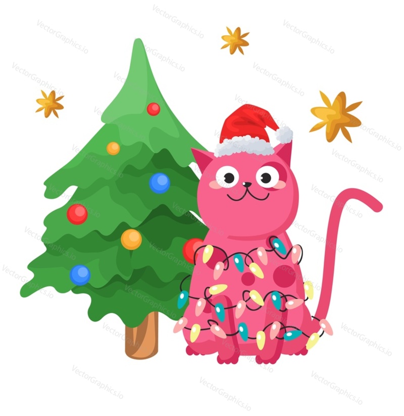Vector cute Christmas cat. Cartoon happy domestic animal character wearing santa hat and xmas light garland standing near decorated fir tree. Greeting card for winter holiday