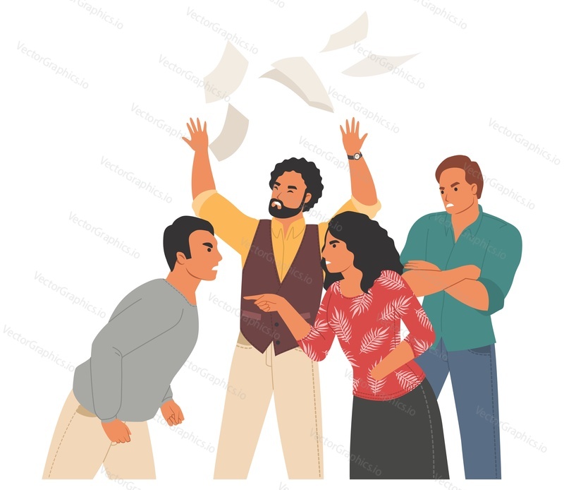 Aggressive people quarrel at office workplace vector. Problem in work communication illustration. Conflict scene. Angry coworkers disputing, yelling and quarrelling isolated on white