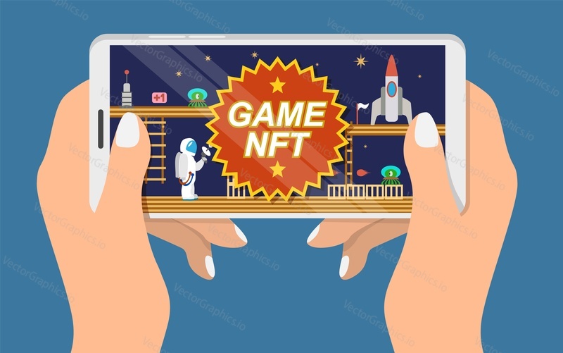 Crypto game with nft token vector. Blockchain technology. Cryptocurrency marketplace. Mobile phone in hand design