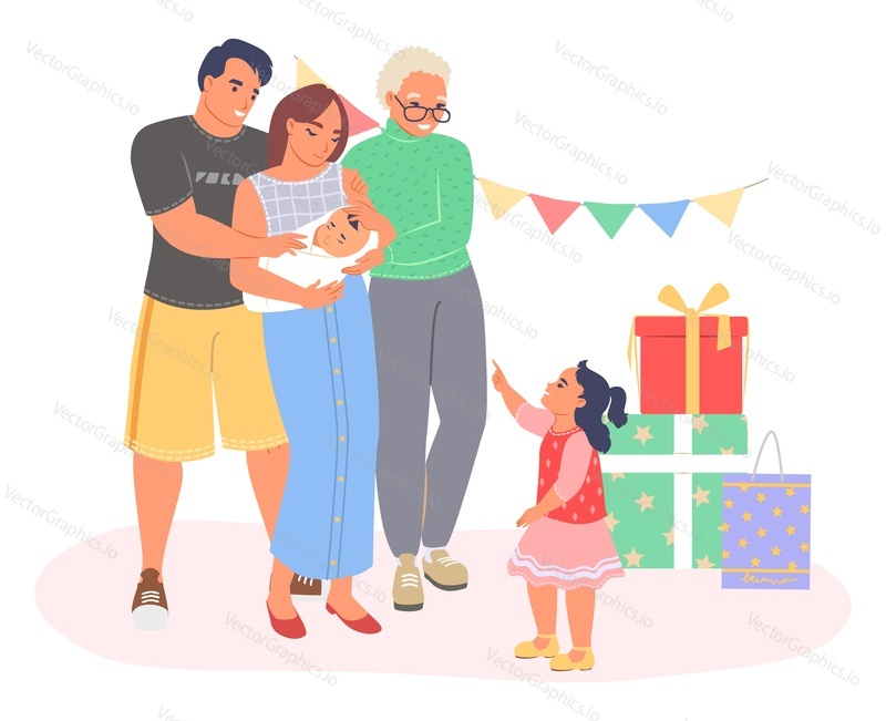 Вектор праздника новорожденного. Счастливые мать, отец и бабушка держат на руках малыша. Семья показывает ребенка младшей сестре, стоящей возле иллюстрации подарочной коробки. Любовь и сближение