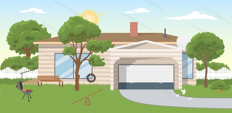 Вектор домашнего двора. Иллюстрация на заднем дворе дома. Фон сада, забора, газона, жилой квартиры и оборудования для барбекю