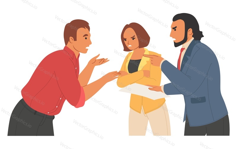 Work conflict vector illustration. Angry unhappy diverse employees yell at each other. Bullying in office. Two colleague shouting on coworker standing isolated on white background