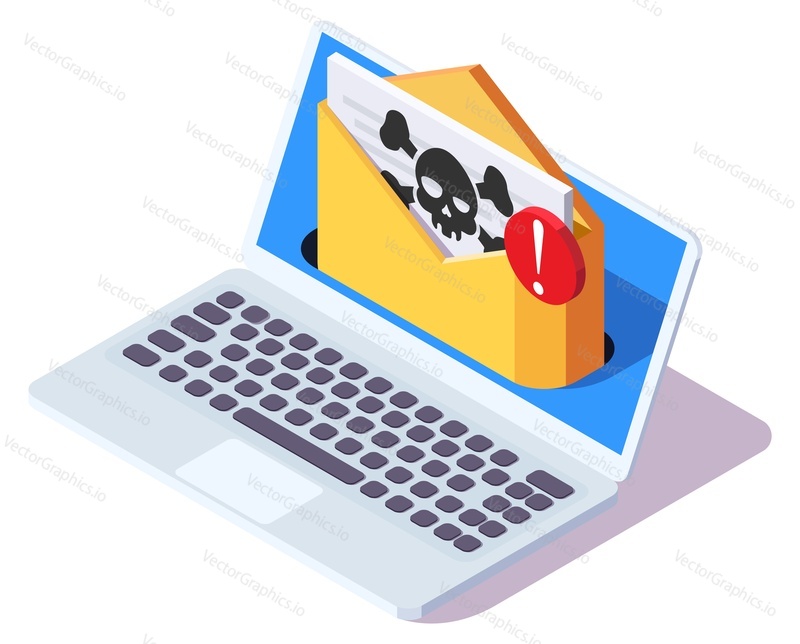 Spam mail malware vector. Scam phishing and fraud illustration. Laptop with email, skull, alert sign. Risk of blackmail attack, security hacking design